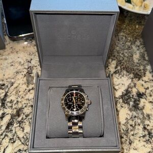 Michele silver watch with navy blue face